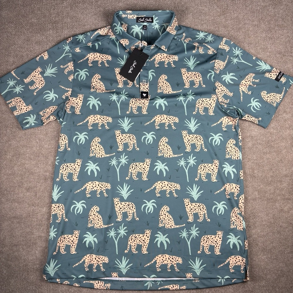 Bad Birdie Polo Shirt Mens Medium Leopard Cheetah Print Golf Stretch Green NWT - Picture 2 of 12
